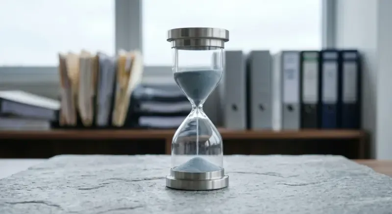 Sanduhr mit rinnendem Sand auf einem Schreibtisch vor Aktenordnern — Symbol für kurze, harte Fristen im Strafverfahren