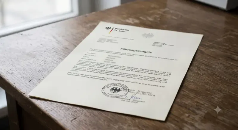 Polizeiliches Führungszeugnis auf einem Schreibtisch — Symbol für Eintrag im Führungszeugnis