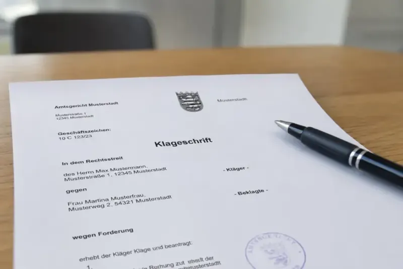 Klageschrift und Gerichtsakte auf einem Schreibtisch — Symbol für zivilrechtliche Forderungen
